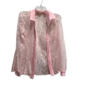 Vintage Bonne Pink Sheer Floral Lace Zip Up Jacket Collared Made in USA Womens
